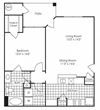 1-bedroom/1-bathroom floor plan layout with 799 square feet at Evergreens at Mahan apartments for rent in Tallahassee, FL